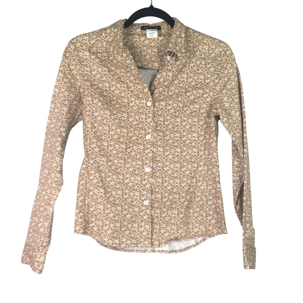 Club Monaco Floral Fitted Button Down Long‎ Sleeve Shirt M Tan White